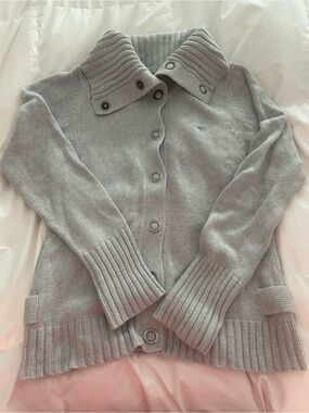 Esprit Light Gray Ribbed Snap-Collar Knit Cardigan